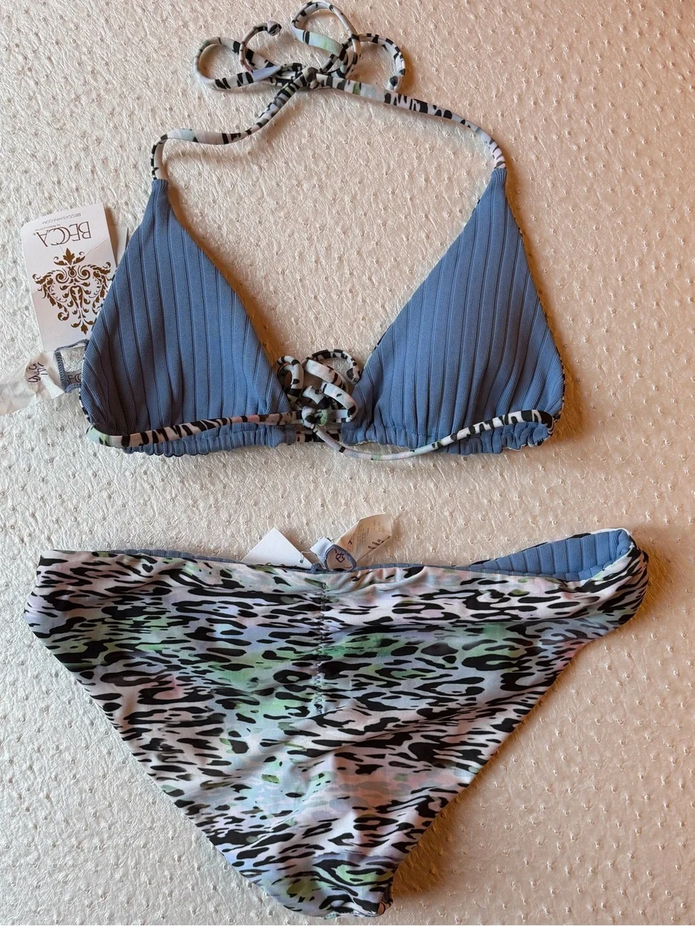NWT BECCA Blue Animal Instincts Reversible String Bikini Set M Top & L Bottoms